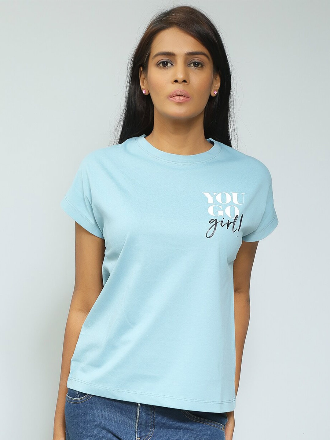 

Mast & Harbour Blue Relaxed Fit Typography Printed Casual Pure Cotton T-shirt