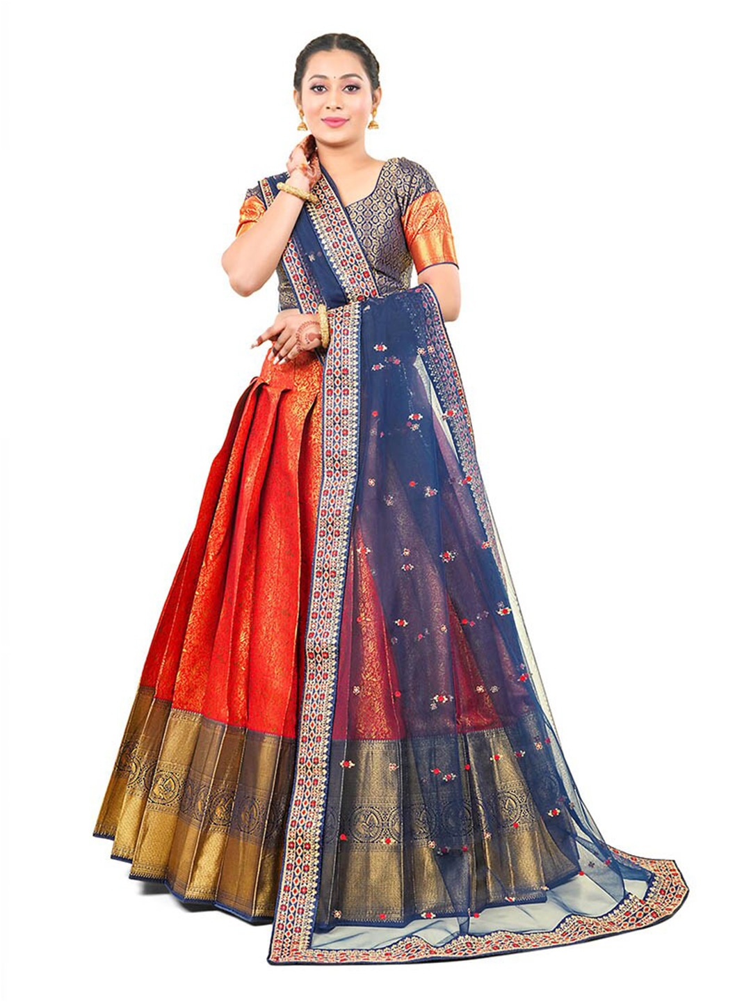 

HALFSAREE STUDIO Semi-Stitched Lehenga & Blouse With Dupatta, Red
