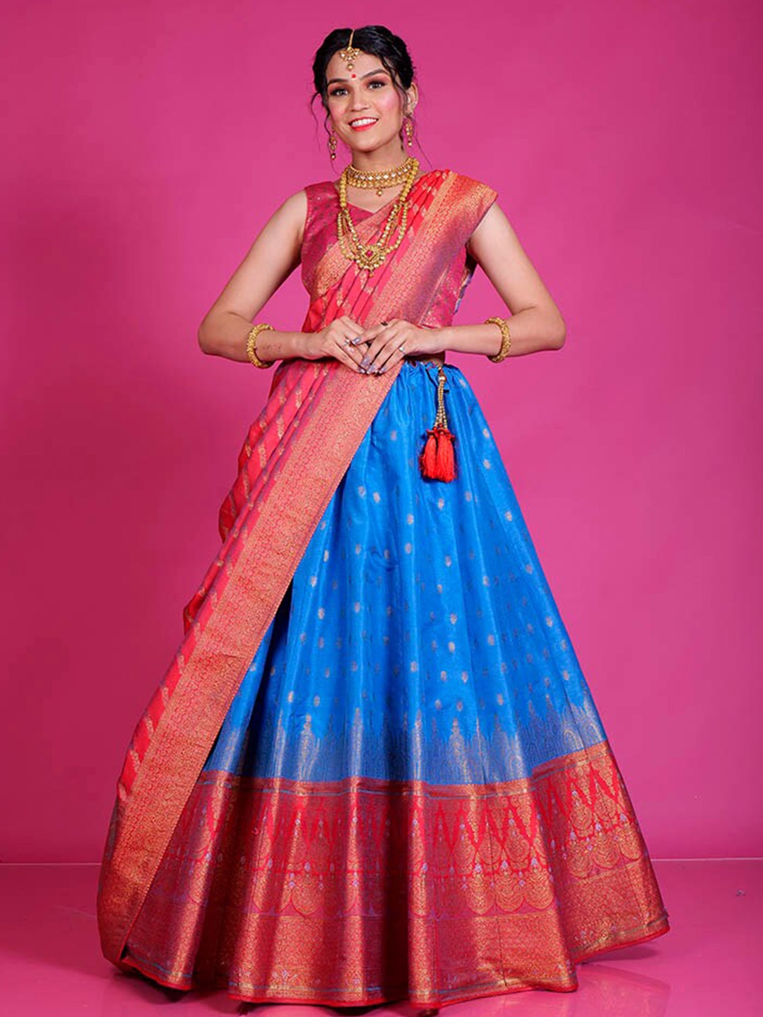 

HALFSAREE STUDIO Semi-Stitched Lehenga & Blouse With Dupatta, Pink