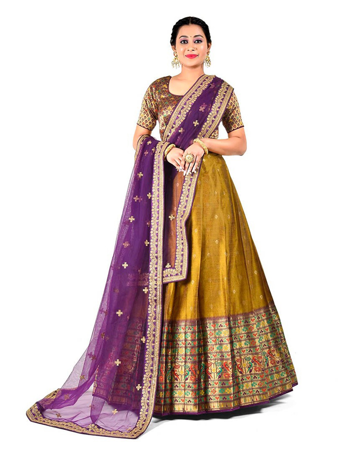 

HALFSAREE STUDIO Semi-Stitched Lehenga & Blouse With Dupatta, Green