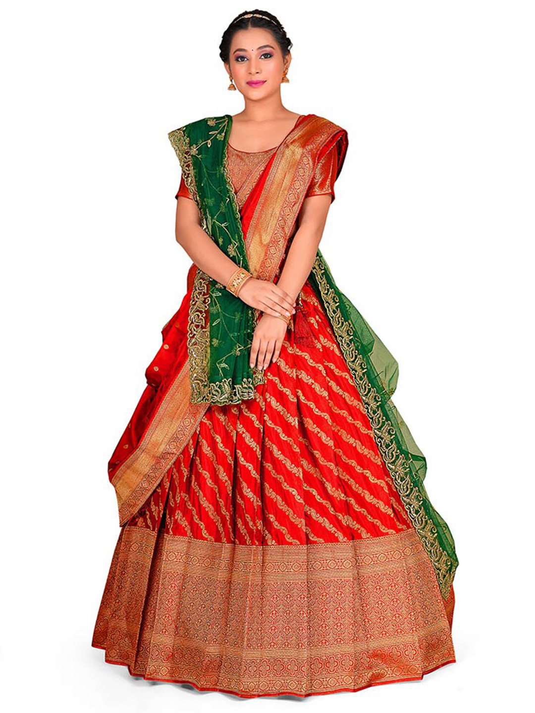 

HALFSAREE STUDIO Semi-Stitched Lehenga & Blouse With Dupatta, Green