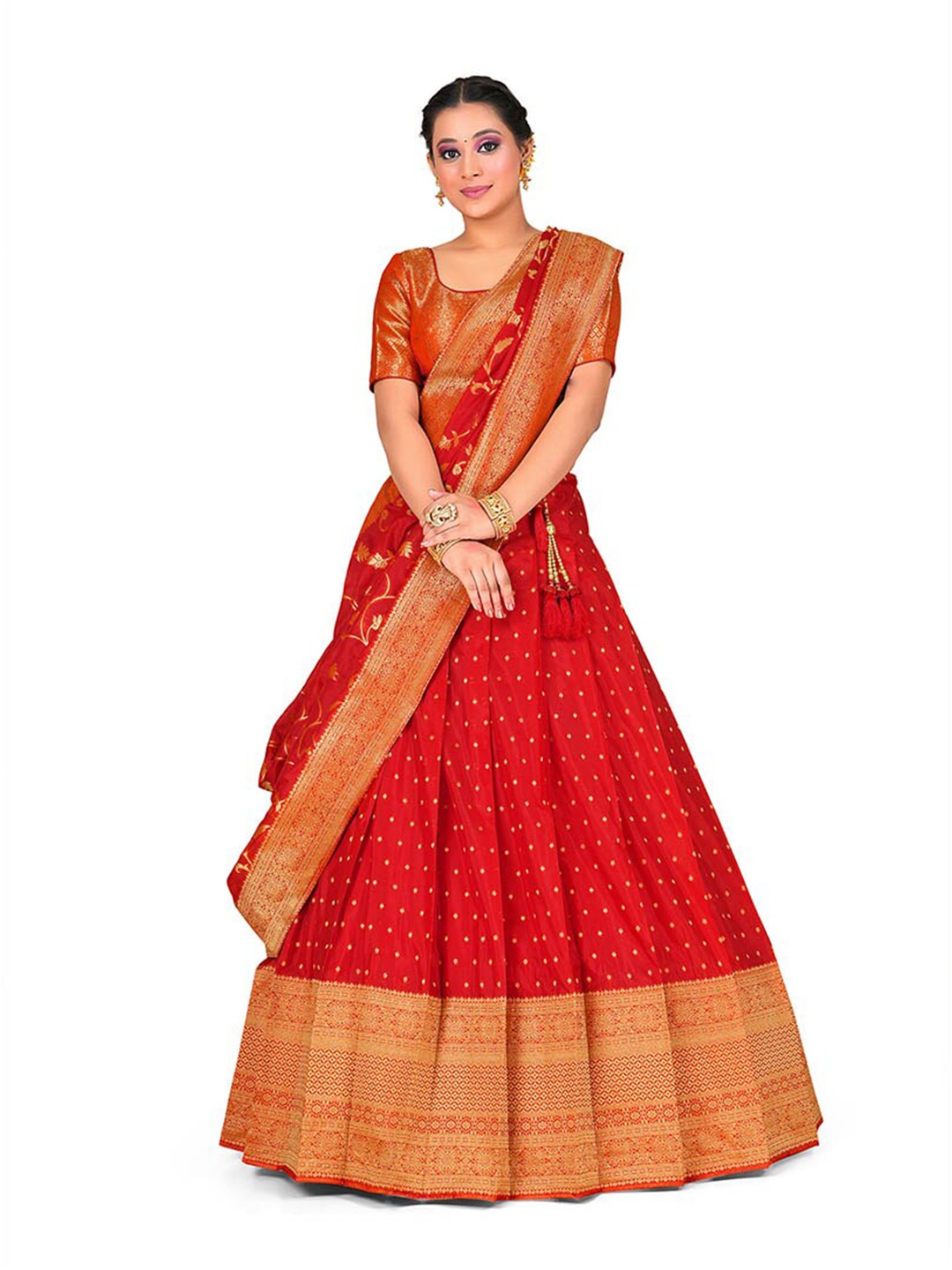 

HALFSAREE STUDIO Semi-Stitched Lehenga & Blouse With Dupatta, Red