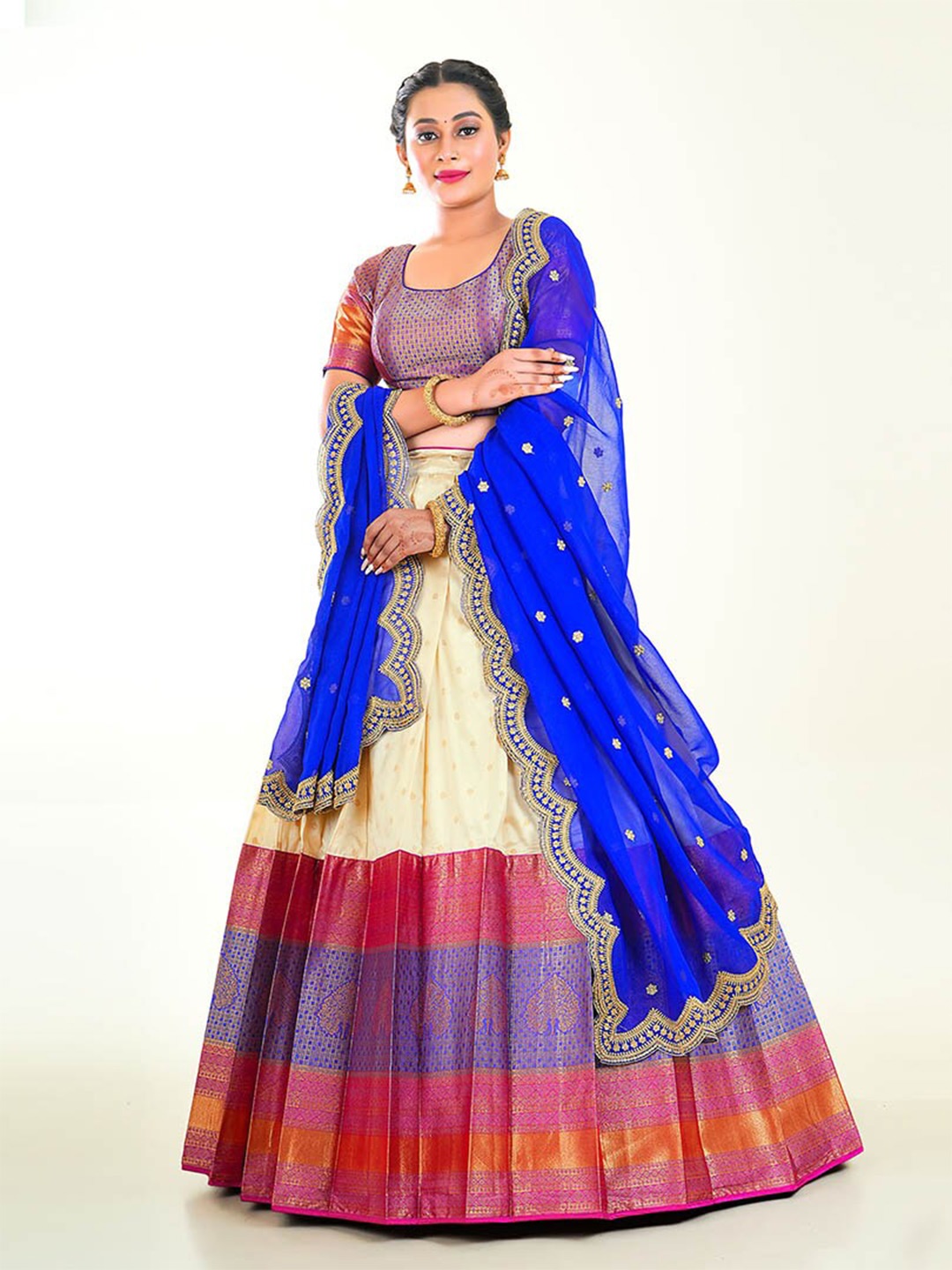 

HALFSAREE STUDIO Semi-Stitched Lehenga & Blouse With Dupatta, Blue