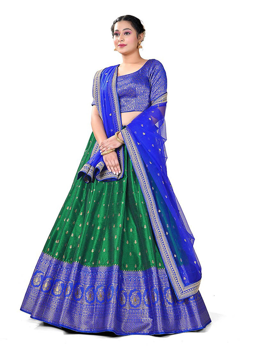

HALFSAREE STUDIO Semi-Stitched Lehenga & Blouse With Dupatta, Green