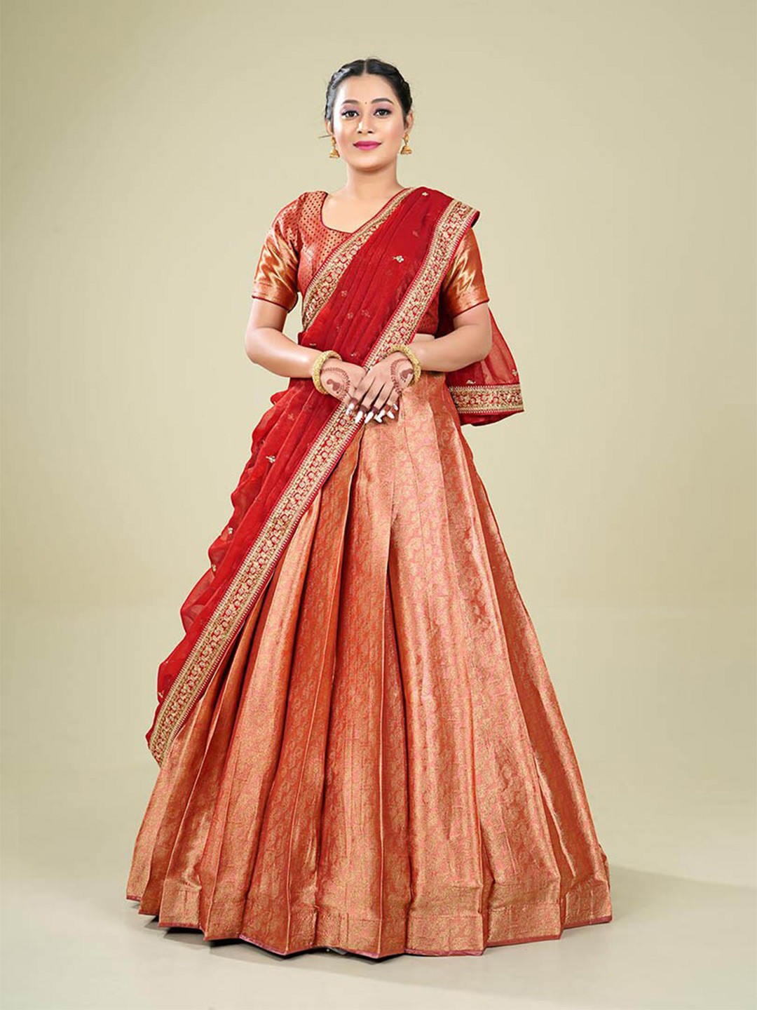 

HALFSAREE STUDIO Semi-Stitched Lehenga & Blouse With Dupatta, Red