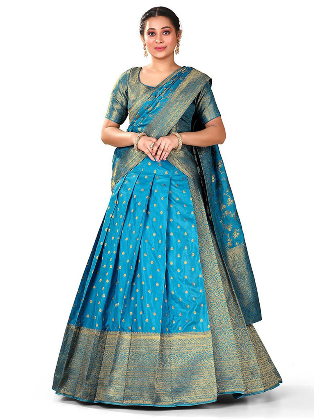 

HALFSAREE STUDIO Semi-Stitched Lehenga & Blouse With Dupatta, Blue