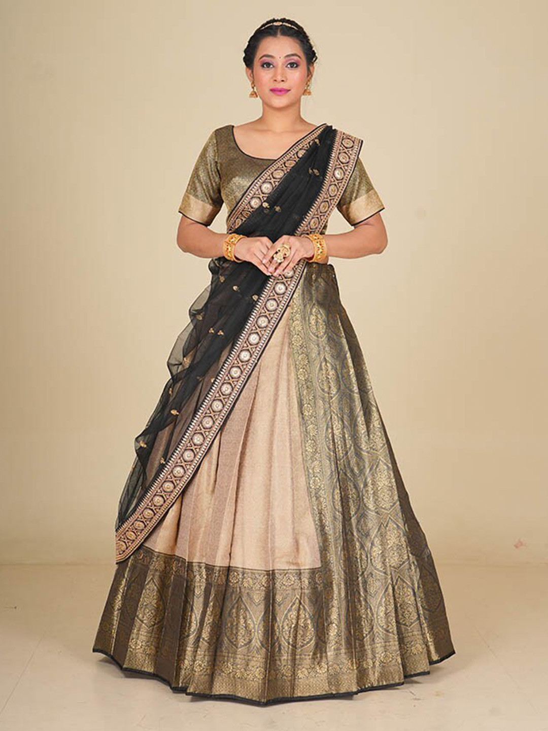 

HALFSAREE STUDIO Semi-Stitched Lehenga & Blouse With Dupatta, Gold