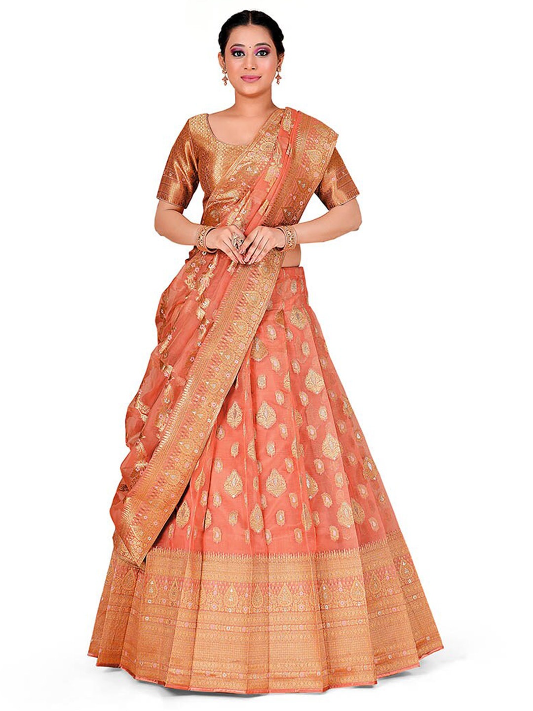 

HALFSAREE STUDIO Printed Semi-Stitched Lehenga & Blouse With Dupatta, Peach