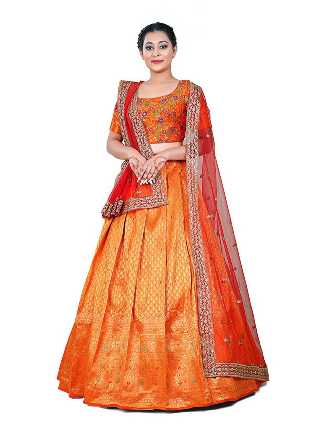 

HALFSAREE STUDIO Semi-Stitched Lehenga & Blouse With Dupatta, Red