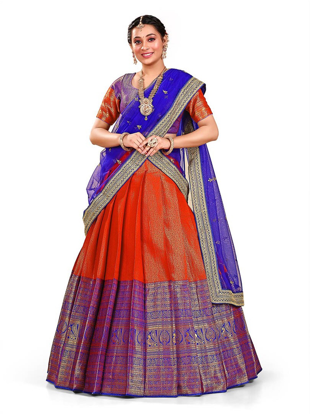 

HALFSAREE STUDIO Semi-Stitched Lehenga & Blouse With Dupatta, Red