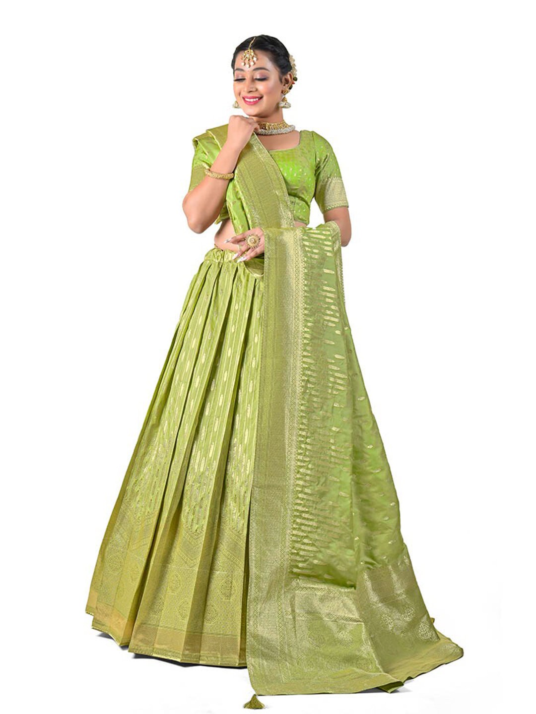 

HALFSAREE STUDIO Semi-Stitched Lehenga & Blouse With Dupatta, Green