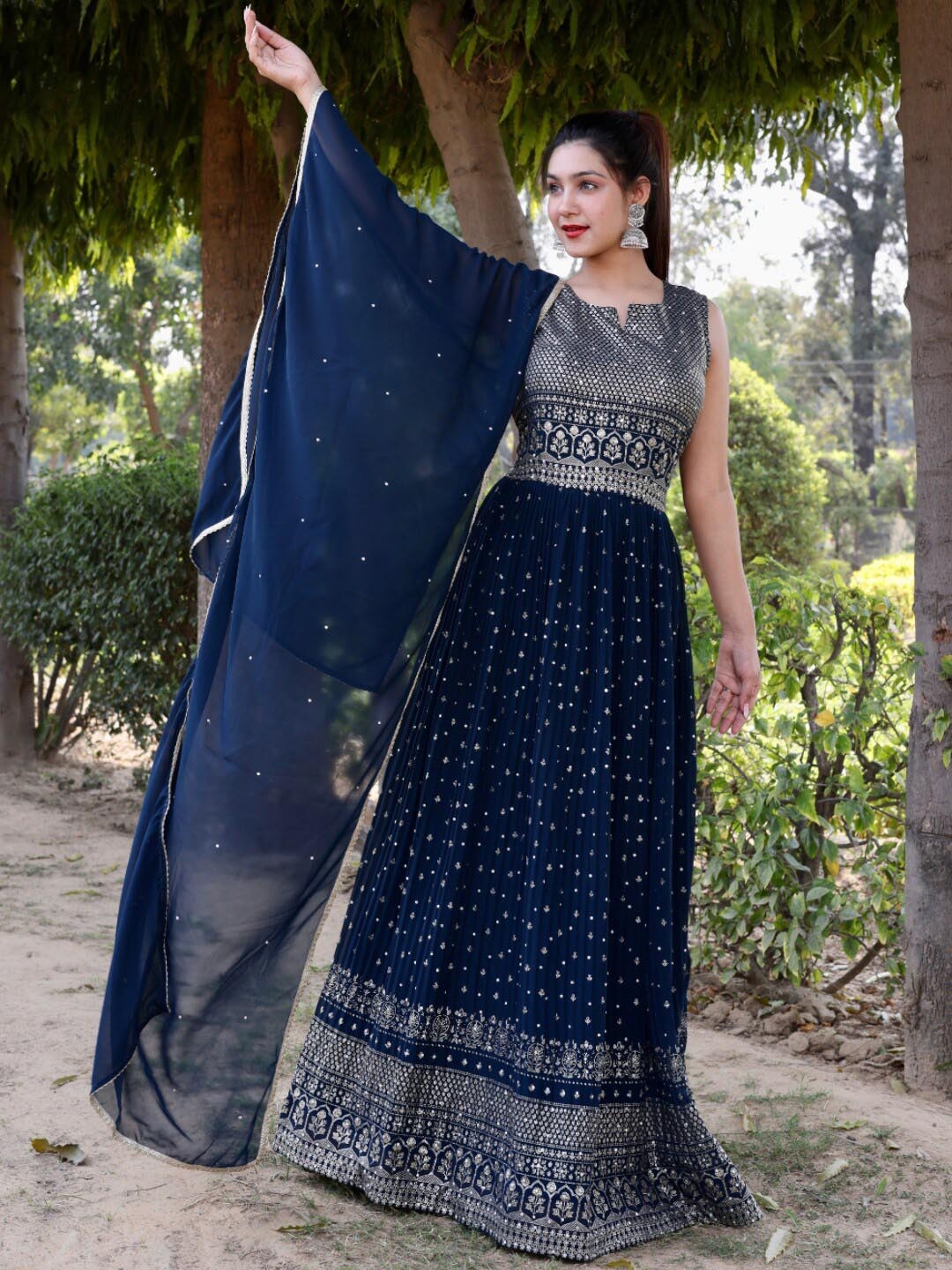 

Chhabra 555 Navy Blue Foil Printed Flared Embellished Gown With Dupatta