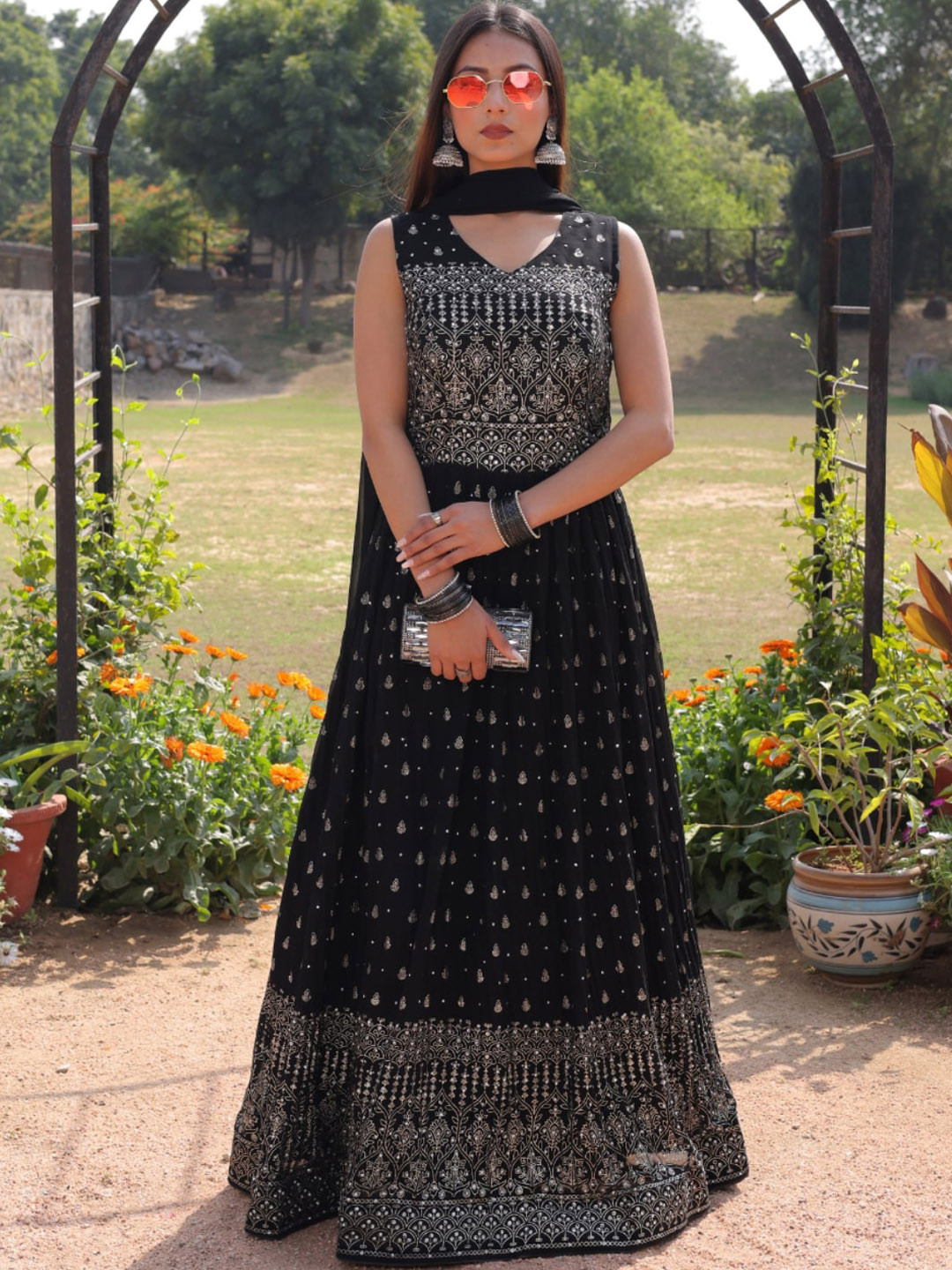 

Chhabra 555 Black & White Foil Printed Flared Embellished Gown With Dupatta
