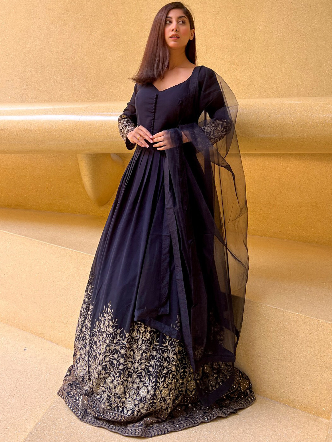 

Chhabra 555 Navy Blue Aari & Resham Embroidery Flared Gown With Dupatta