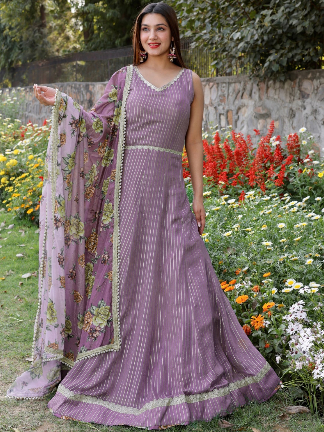 

Chhabra 555 Mauve Striped Gota Patti Flared Gown With Floral Digital Printed Dupatta