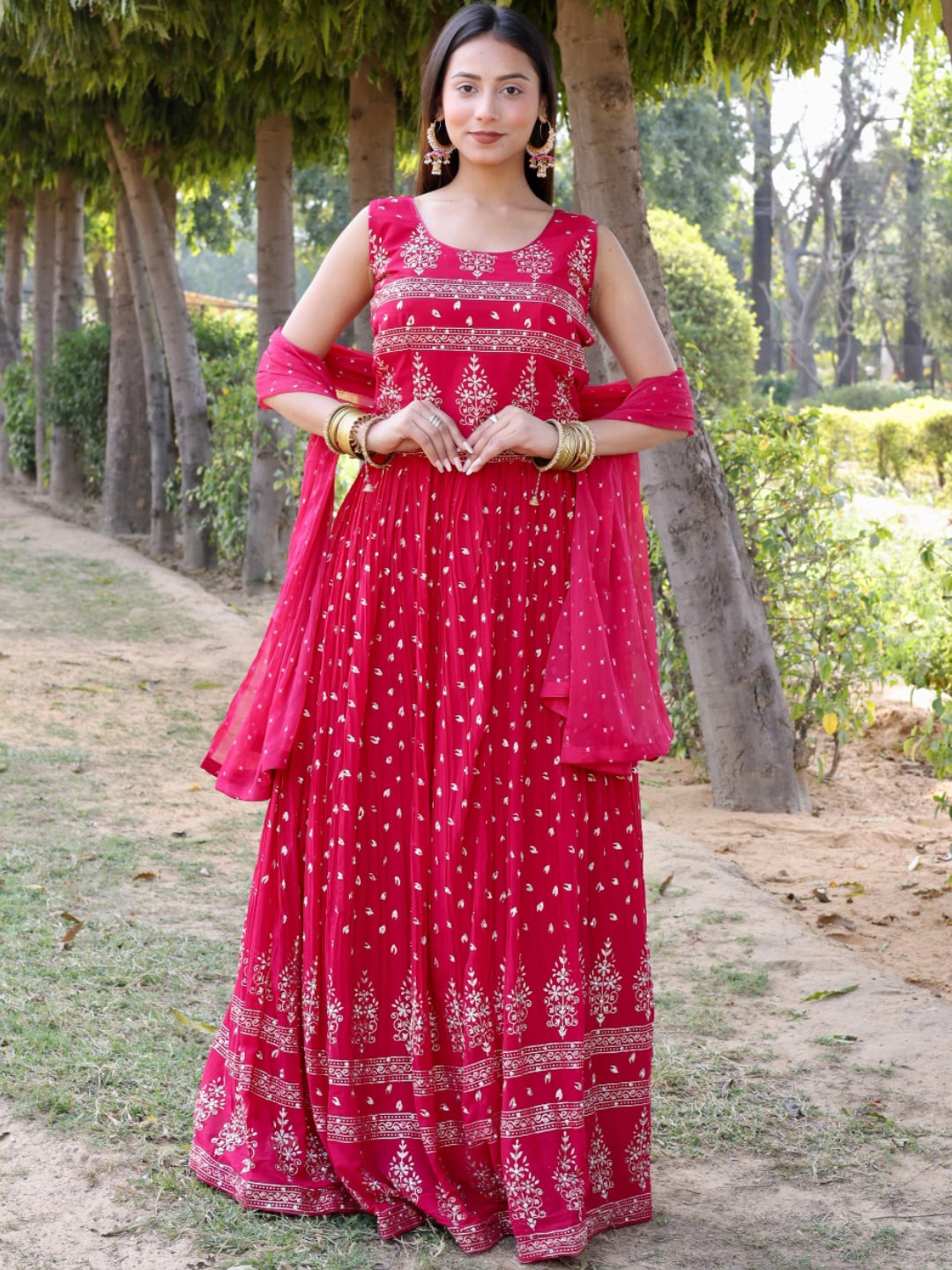 

Chhabra 555 Fushsia Printed Flared Gown With Dupatta, Fuchsia