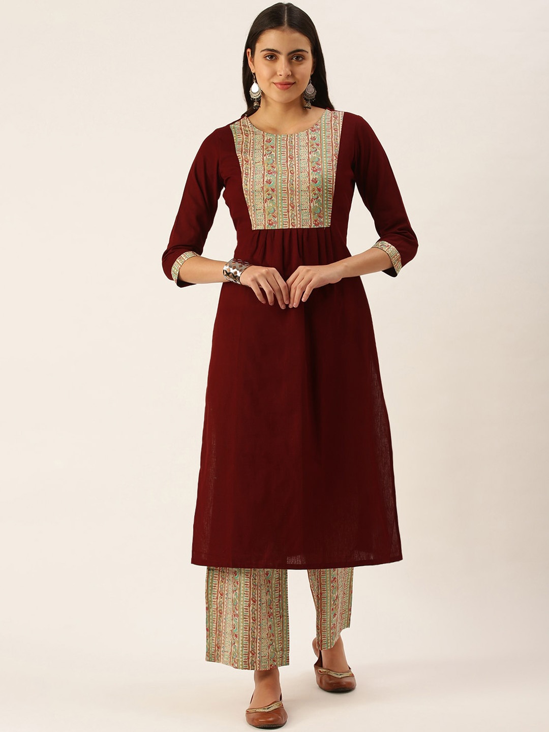 

Saanjh Maroon Ethnic Motifs Printed Pure Cotton Kurta With Trousers