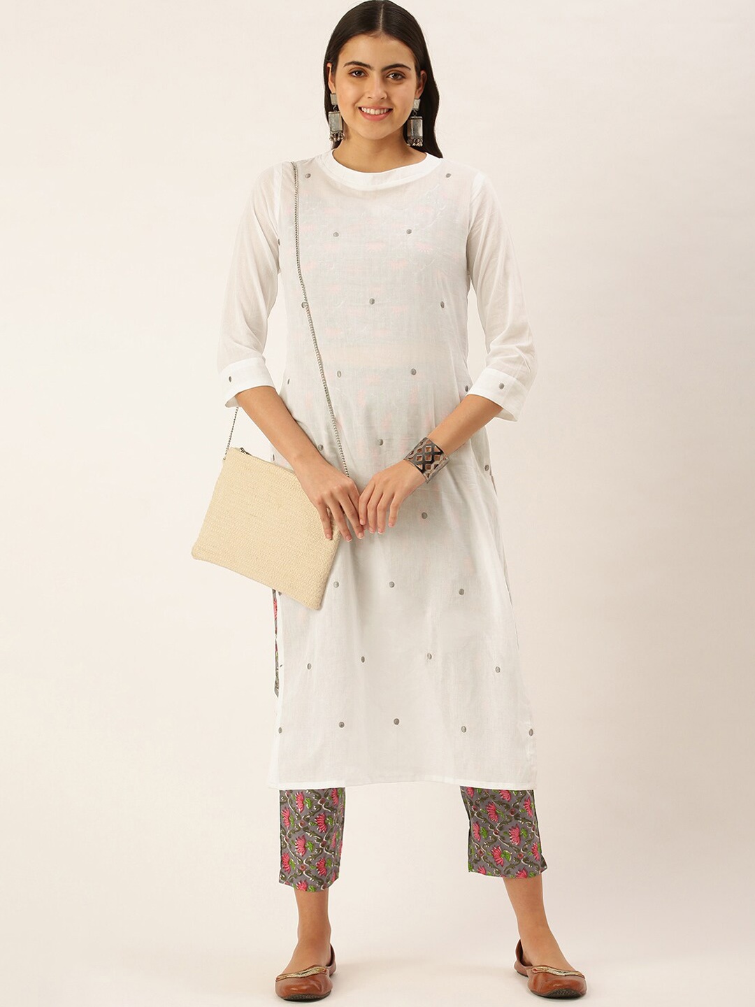 

Saanjh White Printed Regular Pure Cotton Kurta With Trousers