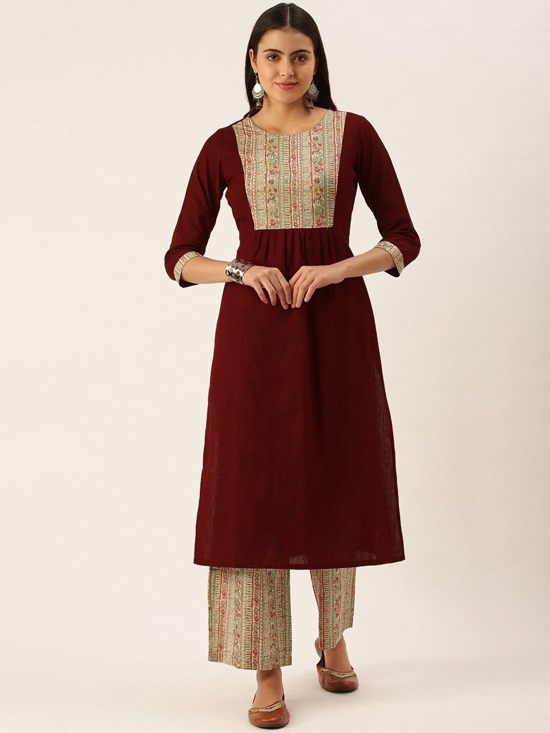 

KALINI Yoke Design Regular Pure Cotton Kurta With Palazzos, Maroon