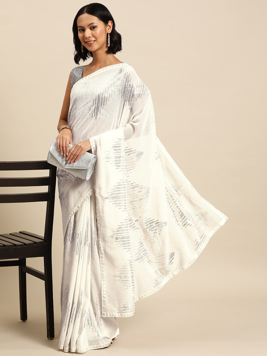 

Chhabra 555 Embellished Sequinned Saree, White