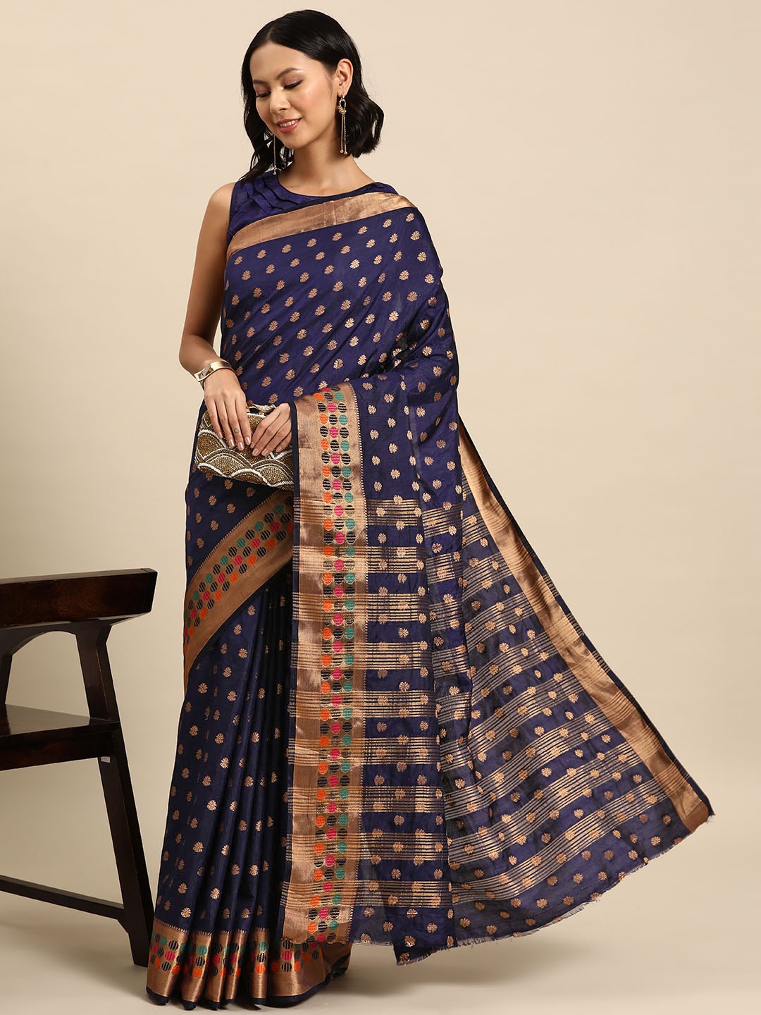 

Chhabra 555 Ethnic Motifs Zari Mysore Silk Saree, Navy blue