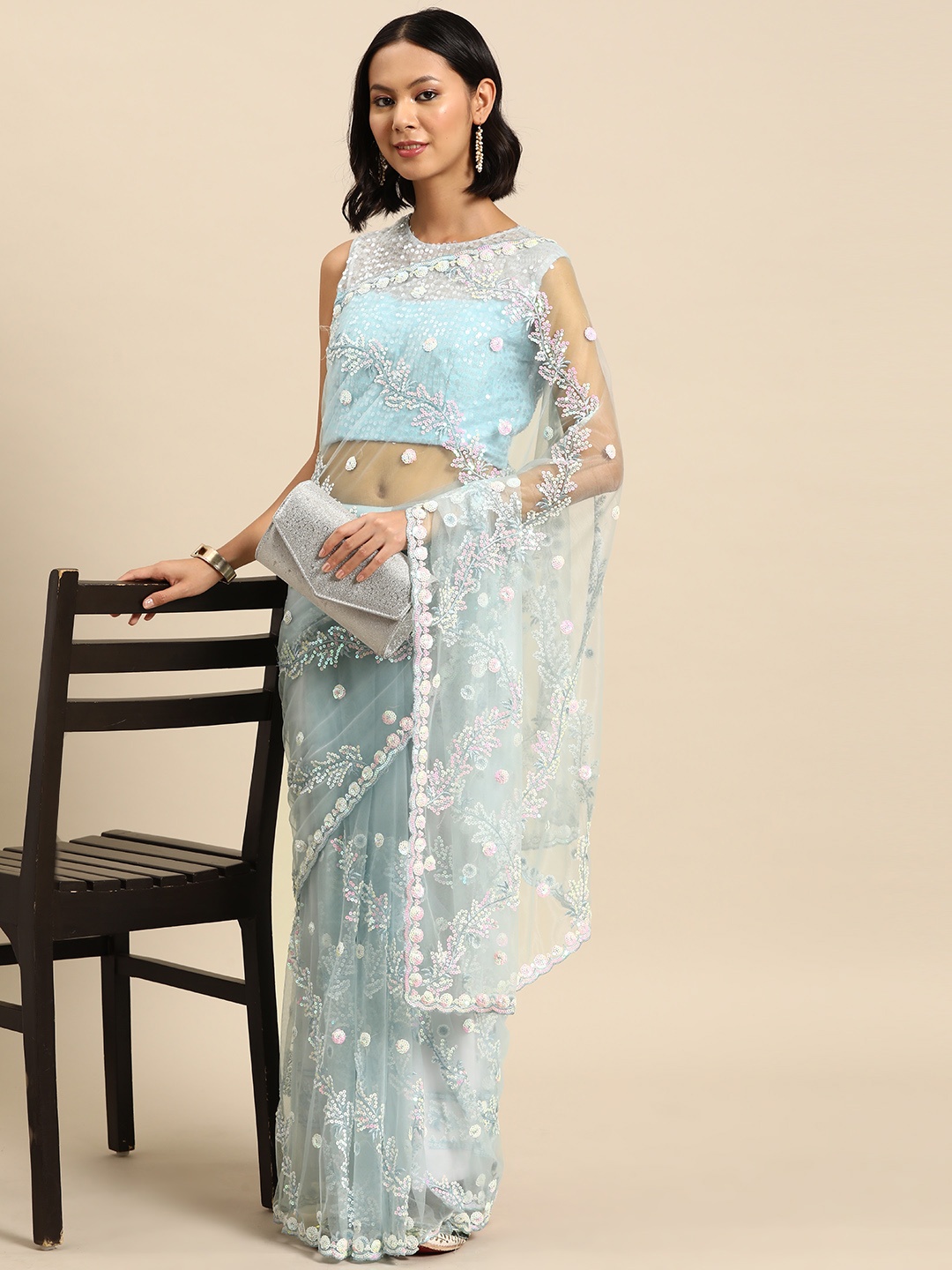 

Chhabra 555 Embellished Sequinned Net Heavy Work Saree, Blue
