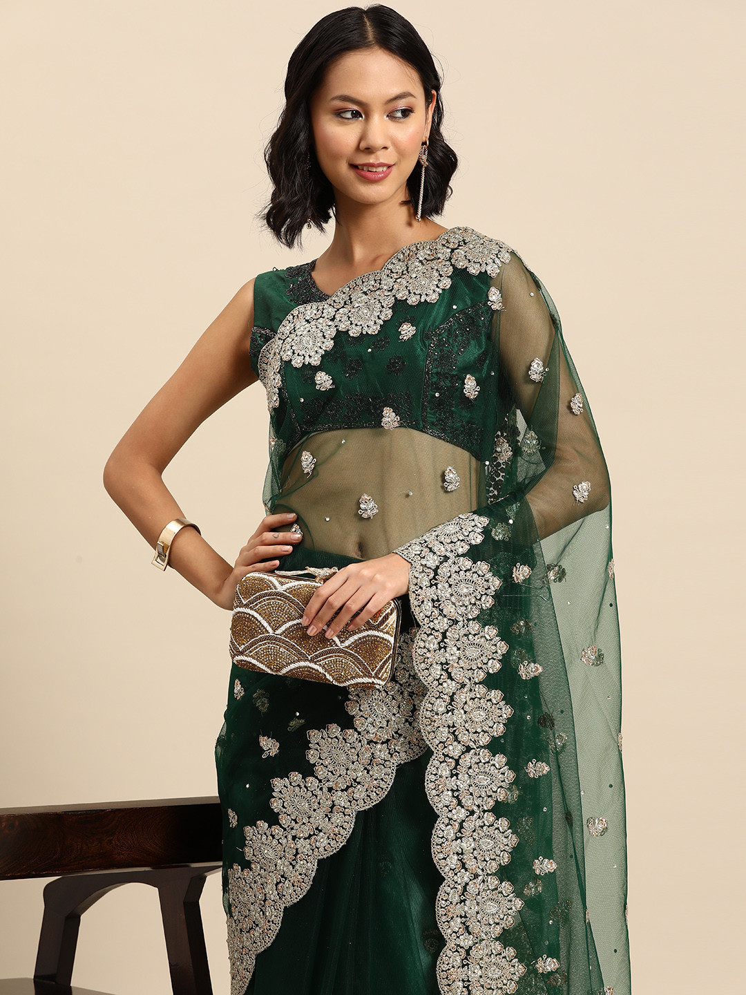 

Chhabra 555 Ethnic Motifs Zari Net Saree, Green