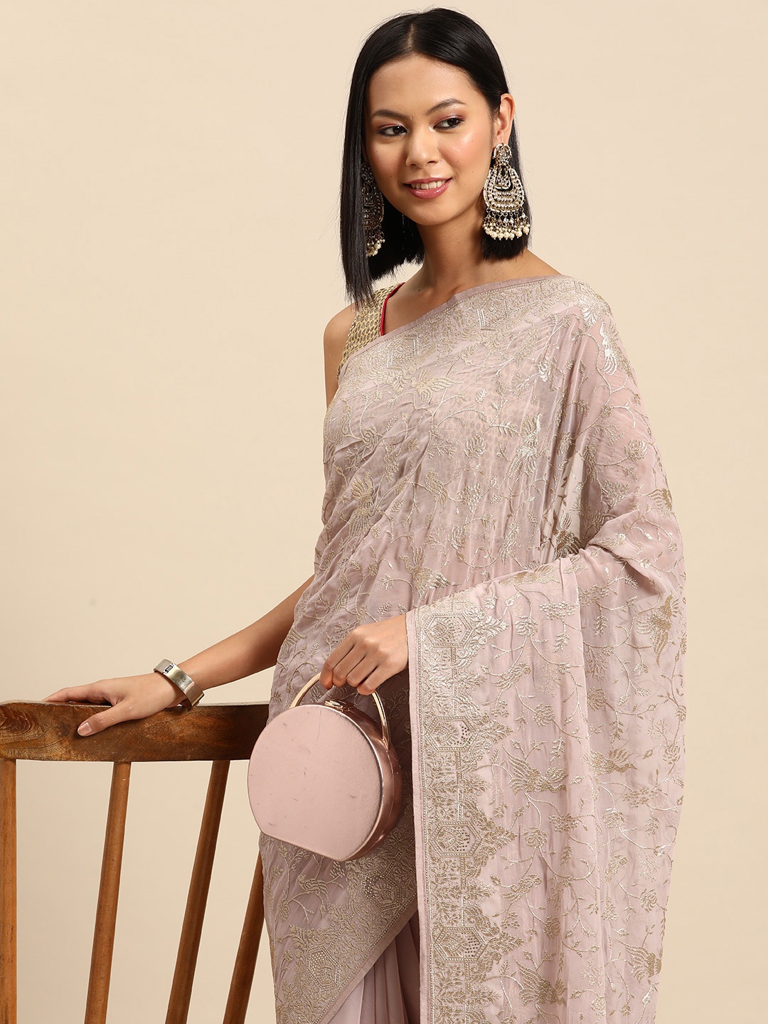 

Chhabra 555 Floral Embroidered Poly Georgette Saree, Peach