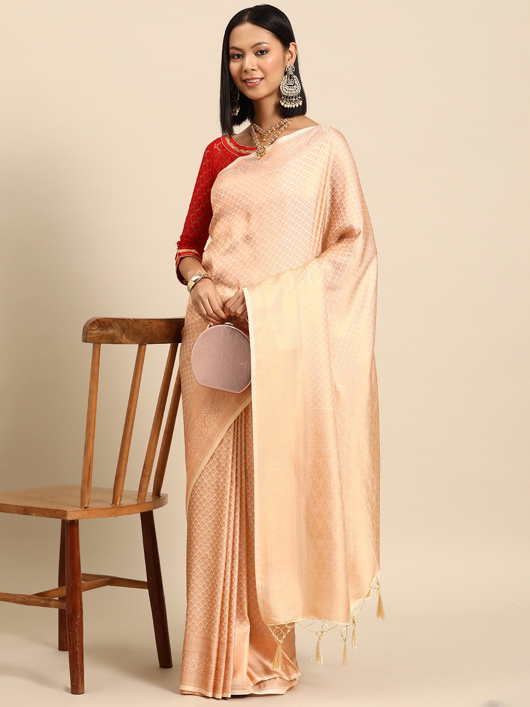 

Chhabra 555 Ethnic Motifs Zari Silk Blend Kanjeevaram Saree, Beige