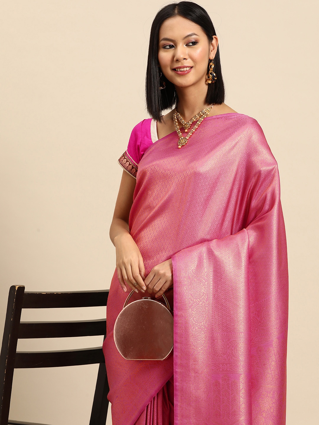 

Chhabra 555 Ethnic Motifs Zari Kanjeevaram Saree, Pink