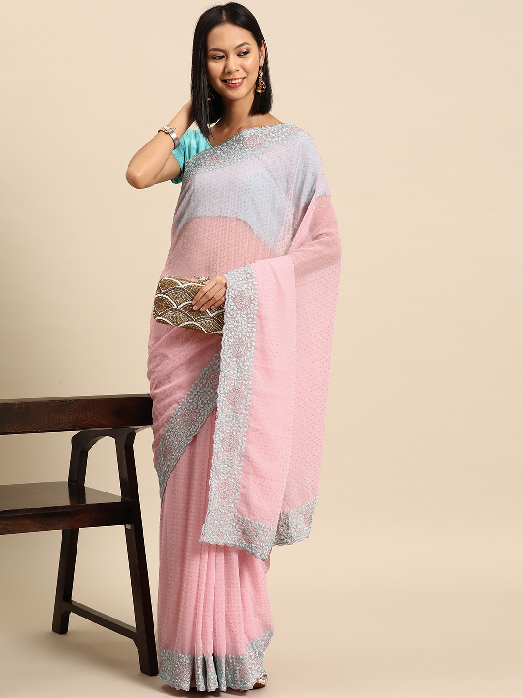 

Chhabra 555 Embroidered Poly Georgette Saree, Pink