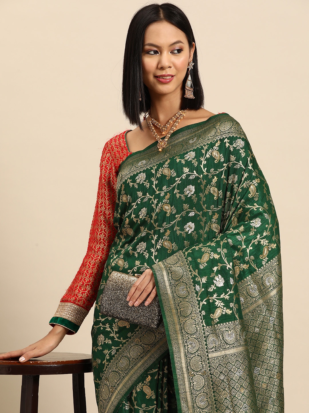 

Chhabra 555 Woven Design Floral Zari Jute Silk Mysore Silk Saree, Green