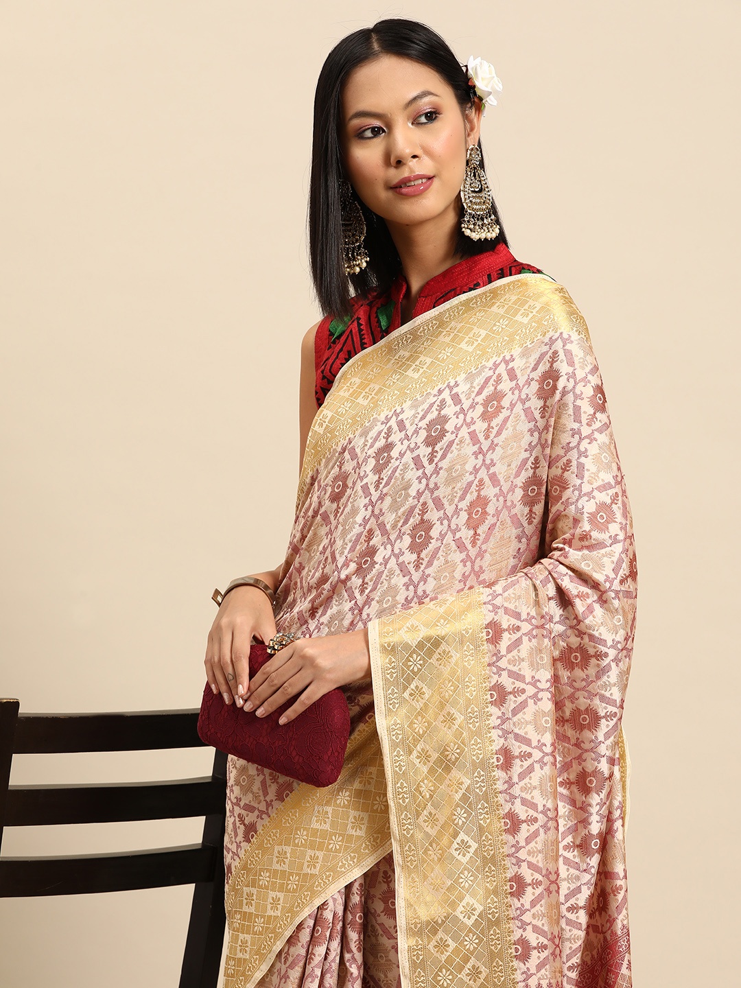 

Chhabra 555 Bagh Zari Art Silk Saree, White