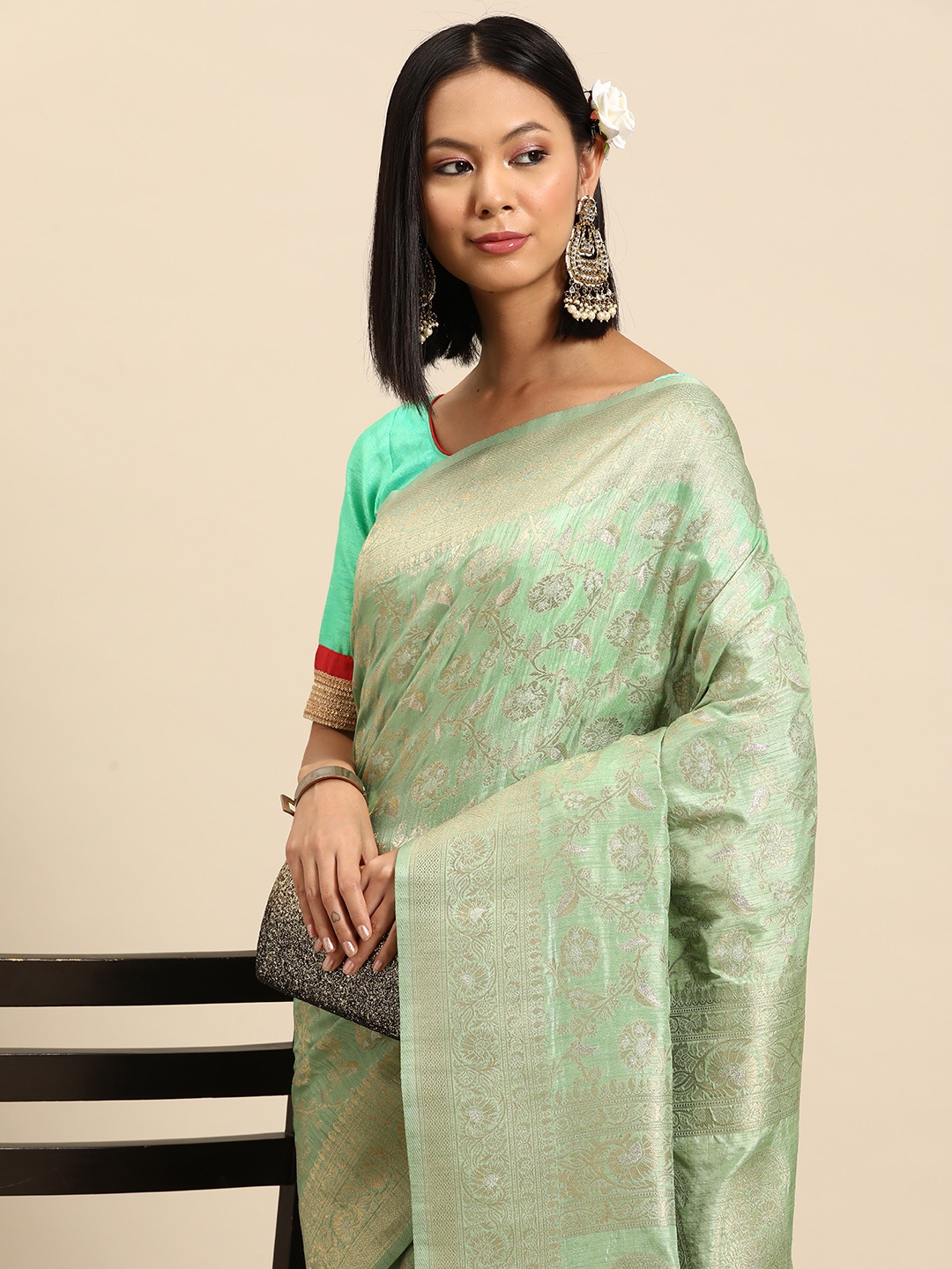 

Chhabra 555 Floral Zari Jute Silk Chanderi Saree, Sea green