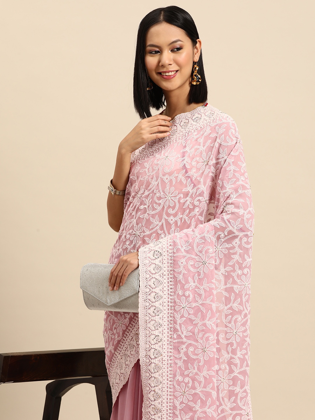 

Chhabra 555 Floral Beads and Stones Poly Georgette Saree, Pink