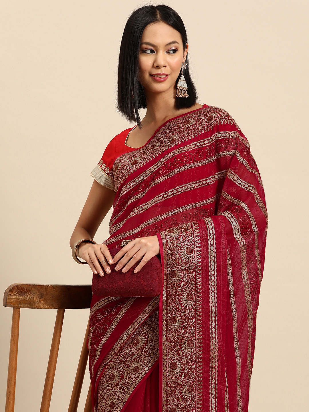 

Chhabra 555 Ethnic Motifs Aari Work Organza Saree, Fuchsia