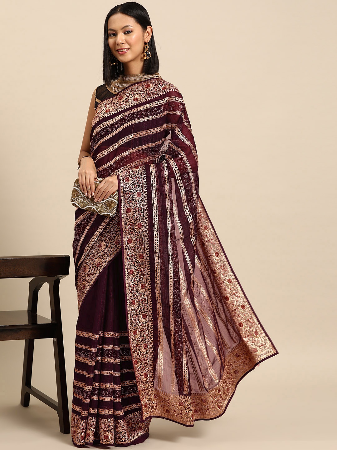 

Chhabra 555 Ethnic Motifs Aari Work Organza Saree, Burgundy