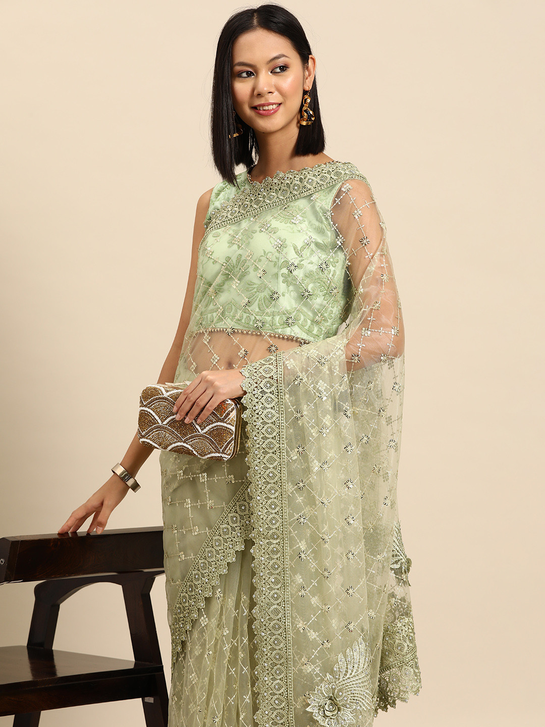 

Chhabra 555 Embellished Patchwork Net Saree, Olive
