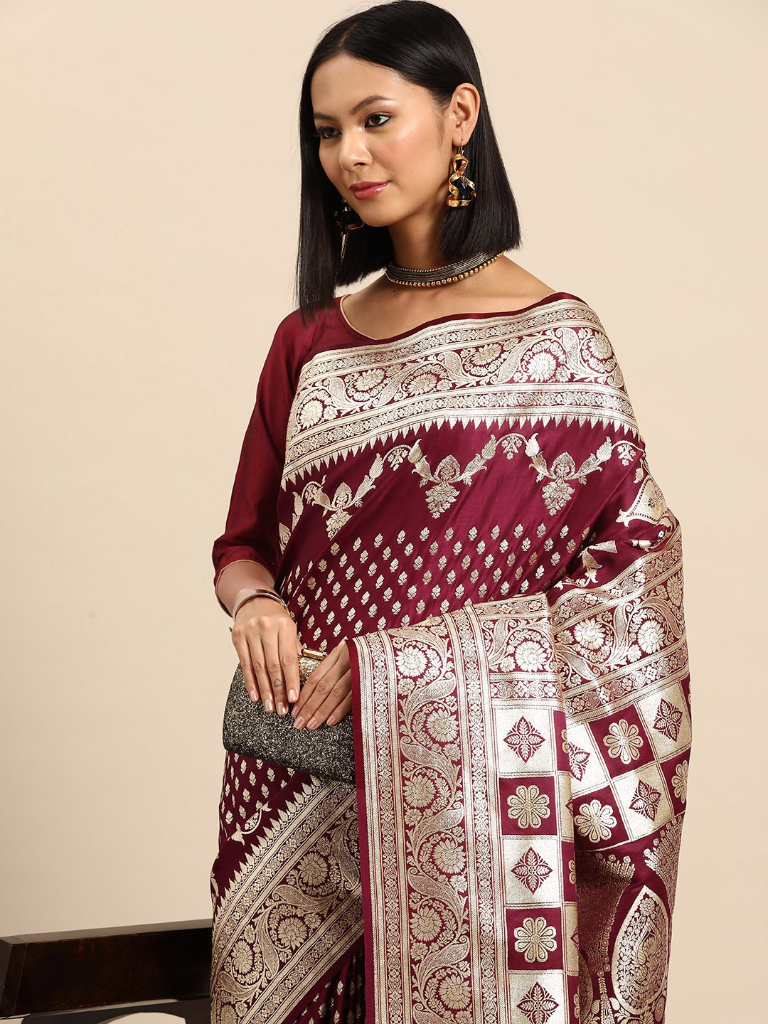 

Chhabra 555 Ethnic Motifs Zari Kanjeevaram Saree, Maroon