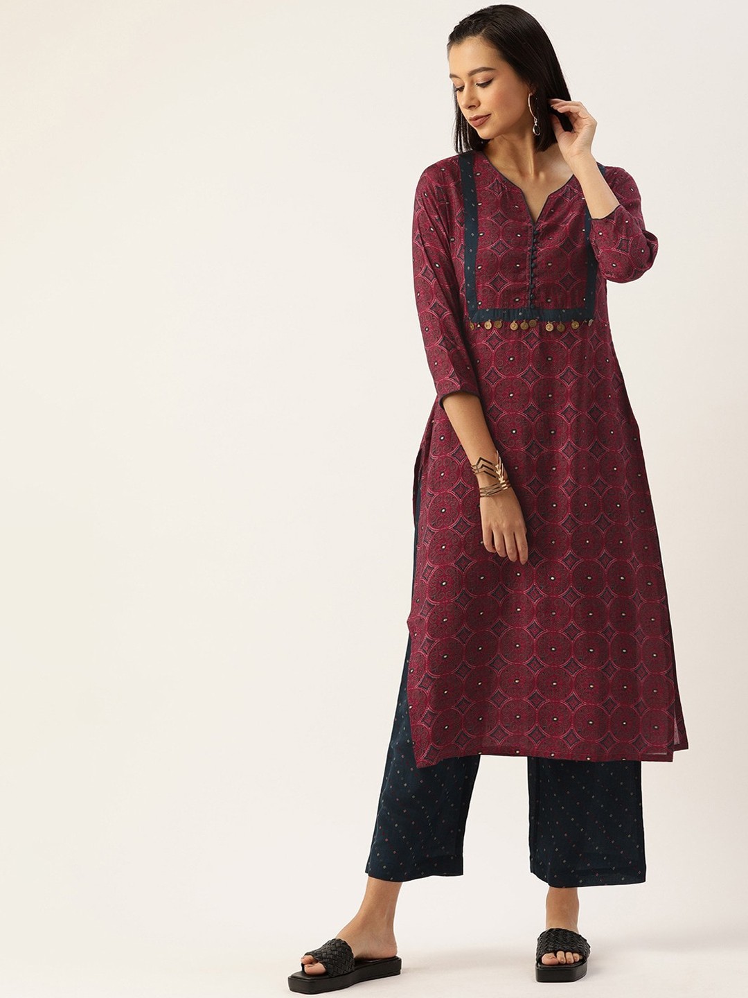

Saanjh Magenta Printed Regular Pure Cotton Kurta with Trousers