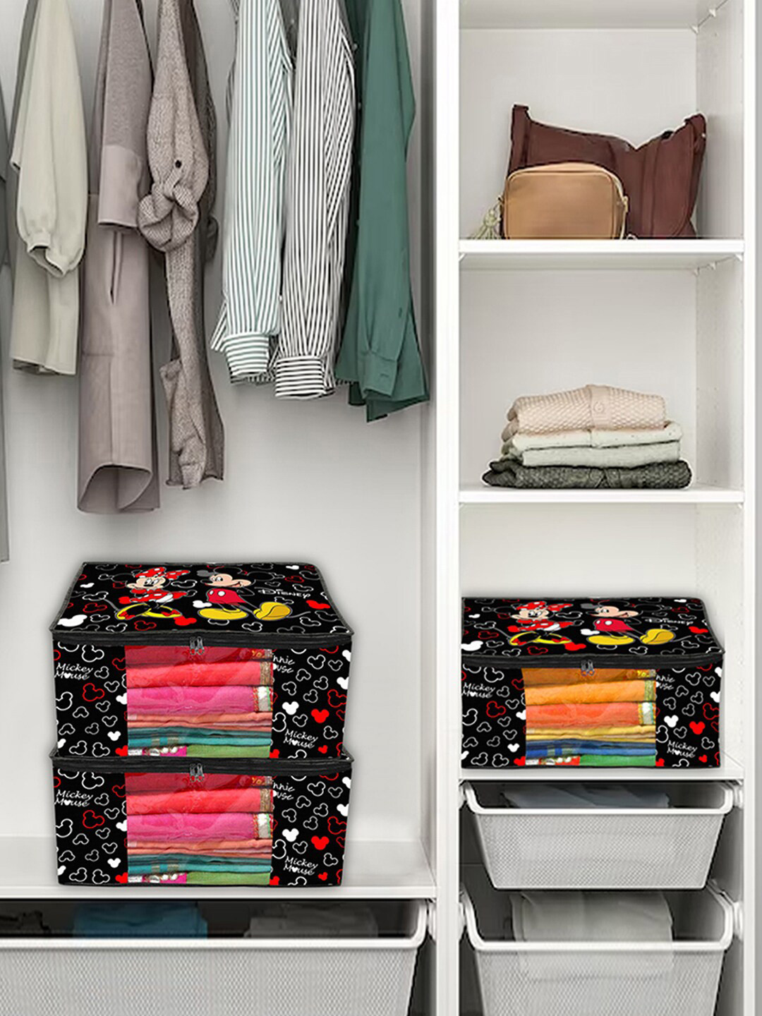 

Kuber Industries Black & Red 3 Pieces Printed Multi-Utility Organisers