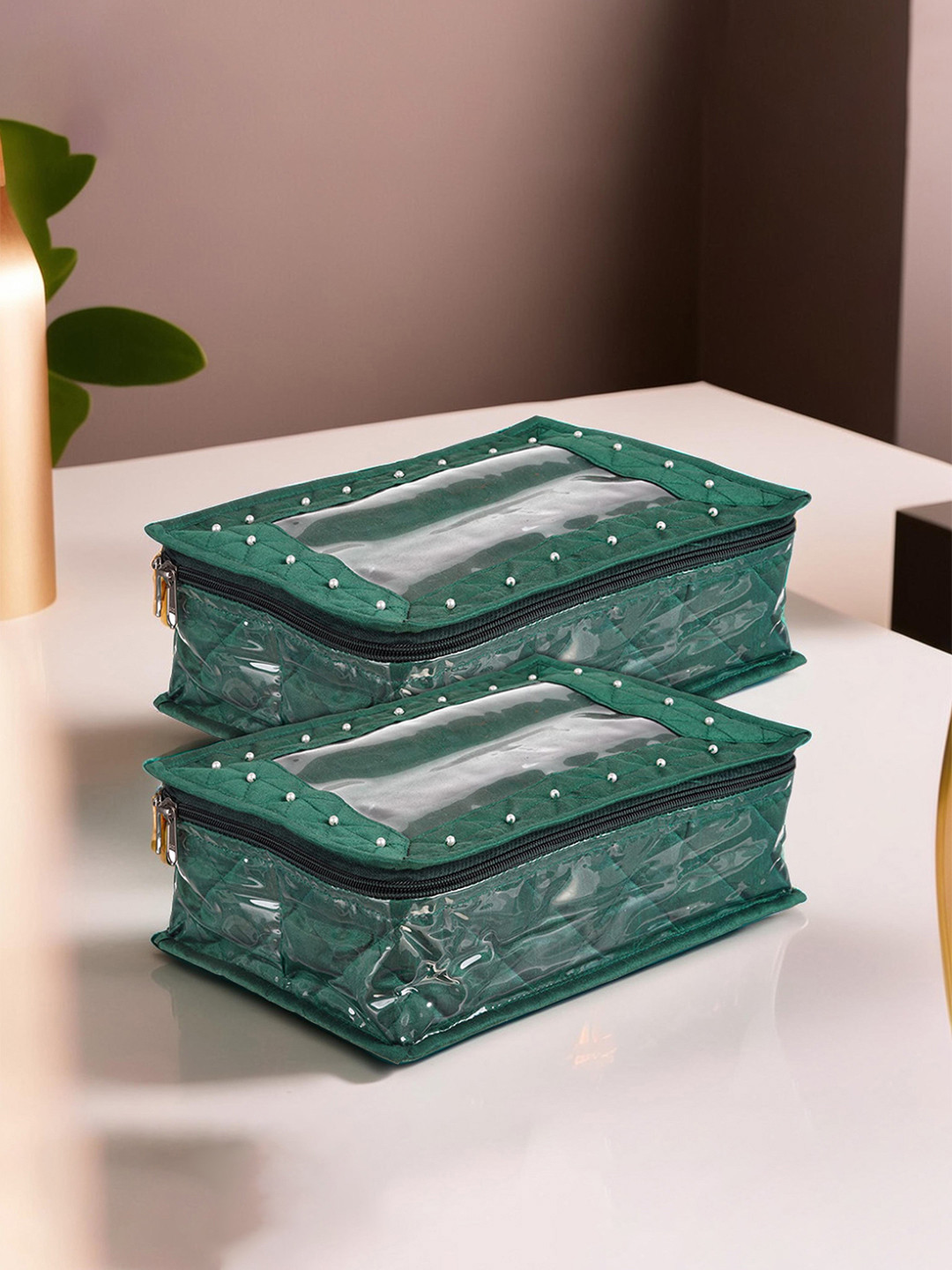 

Kuber Industries Green 2 Pieces Self-Design Roll Bangle Box with Transparent Top