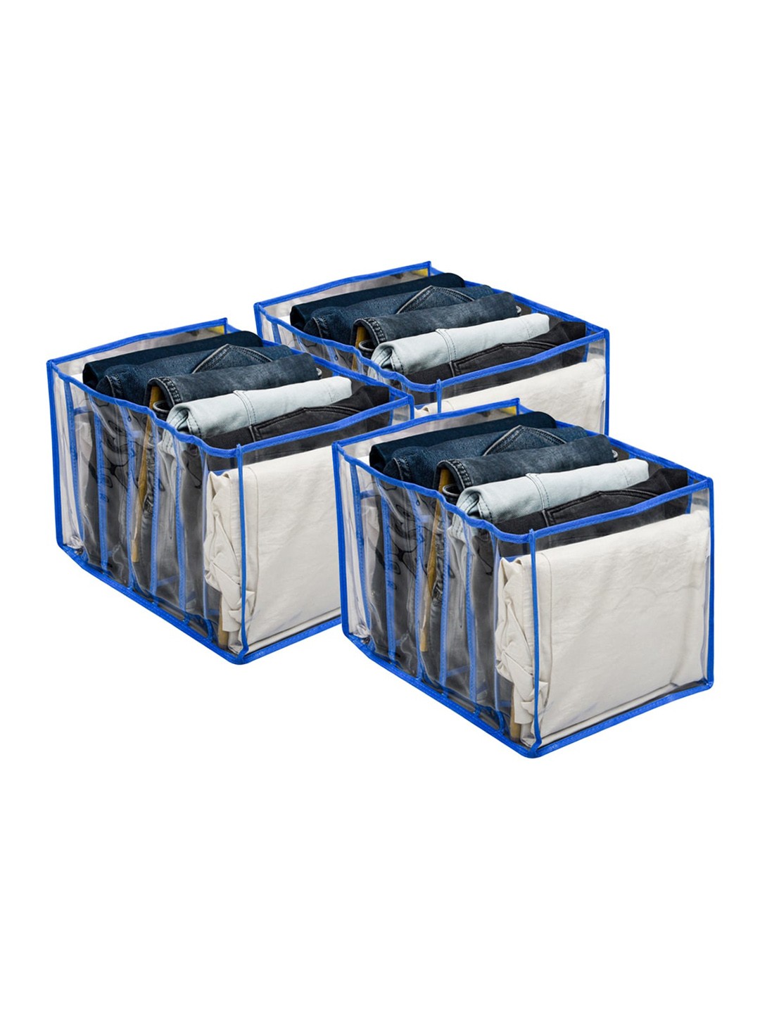 

Kuber Industries Blue & Transparent 3 Pieces Foldable 7 Grided Drawer Organizers