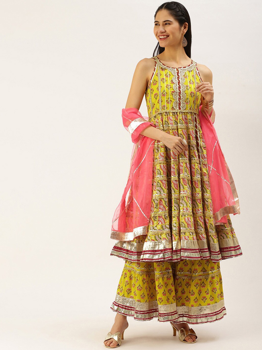 

Saanjh Yellow Floral Printed Gotta Patti Pure Cotton Kurta & Sharara With Dupatta