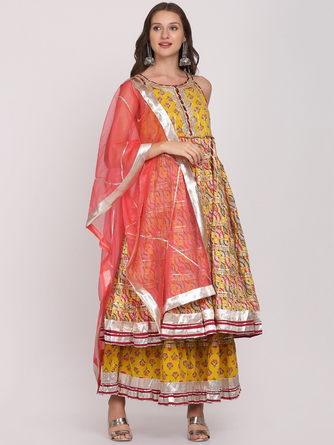 

Saanjh Yellow Ethnic Motifs Printed Gotta Patti Pure Cotton Kurta With Sharara & Dupatta