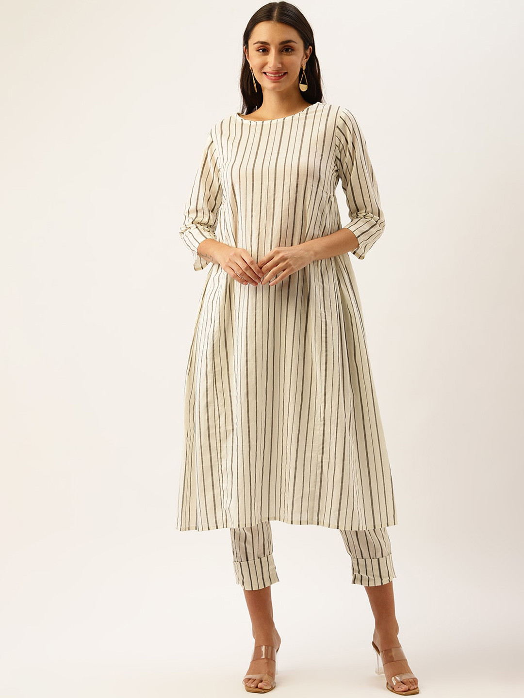 

KALINI Striped Regular Pure Cotton A-Line Kurta with Trousers, Off white