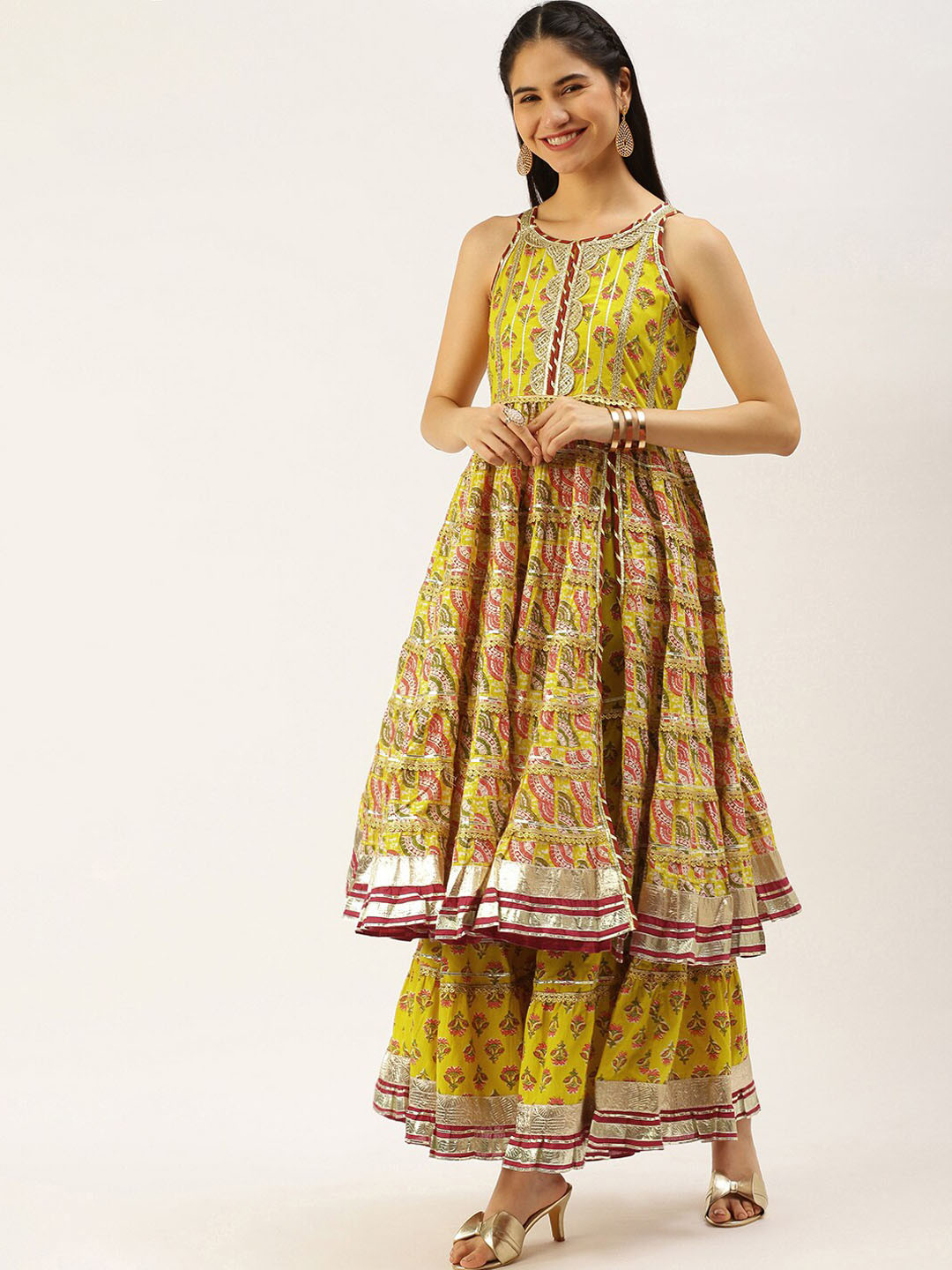 

KALINI Ethnic Motifs Printed Gotta Patti Pure Cotton Kurta with Sharara & Dupatta, Yellow