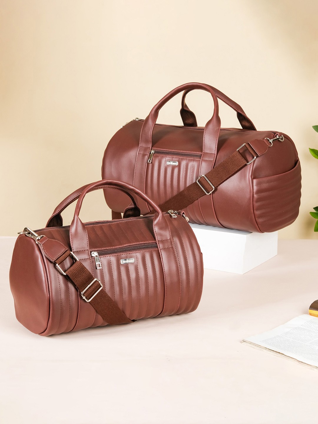 

Nestasia Set Of 2 Leather Duffel Bags, Brown