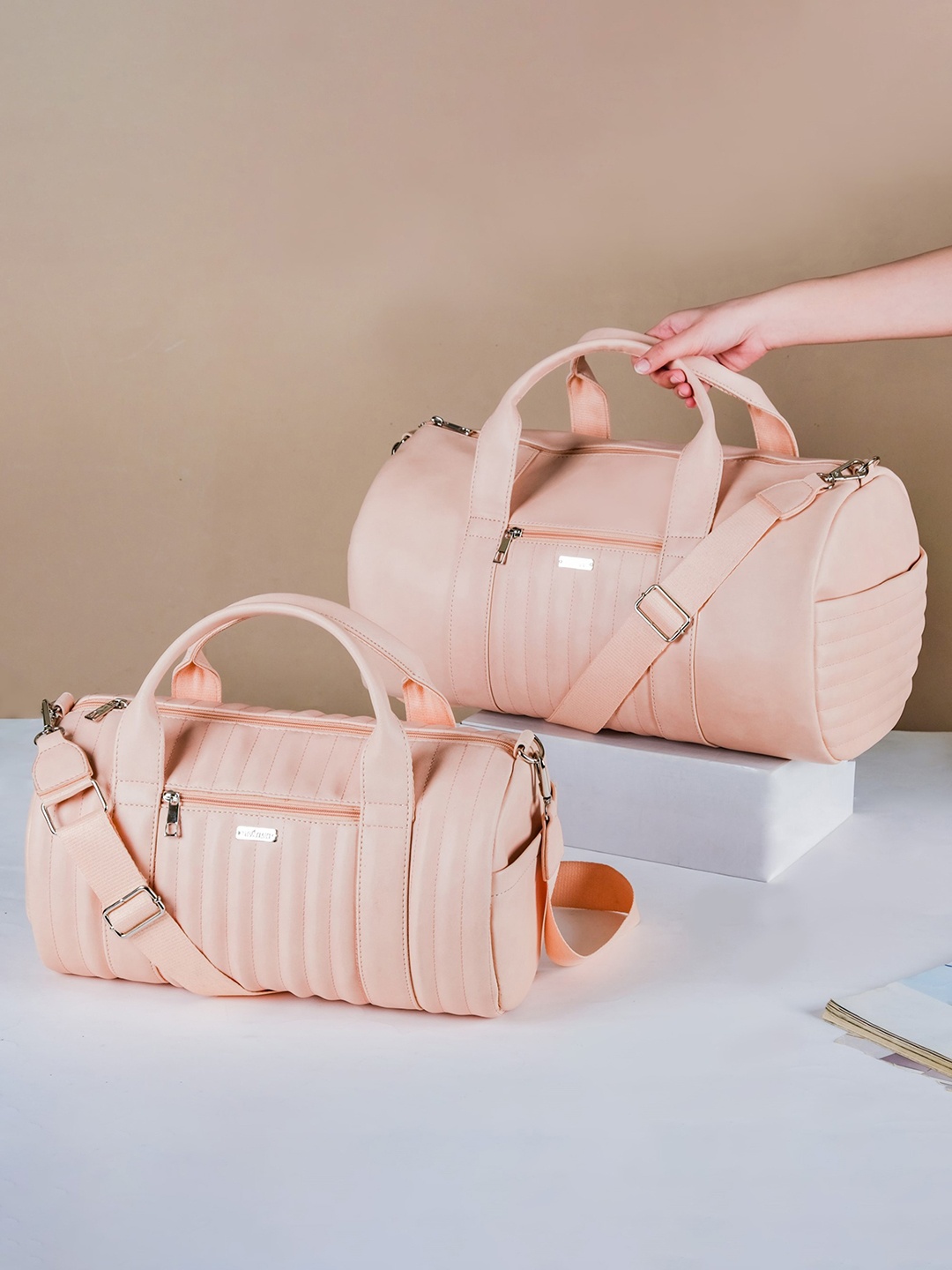 

Nestasia Set Of 2 Textured Leather Duffel Bags, Pink