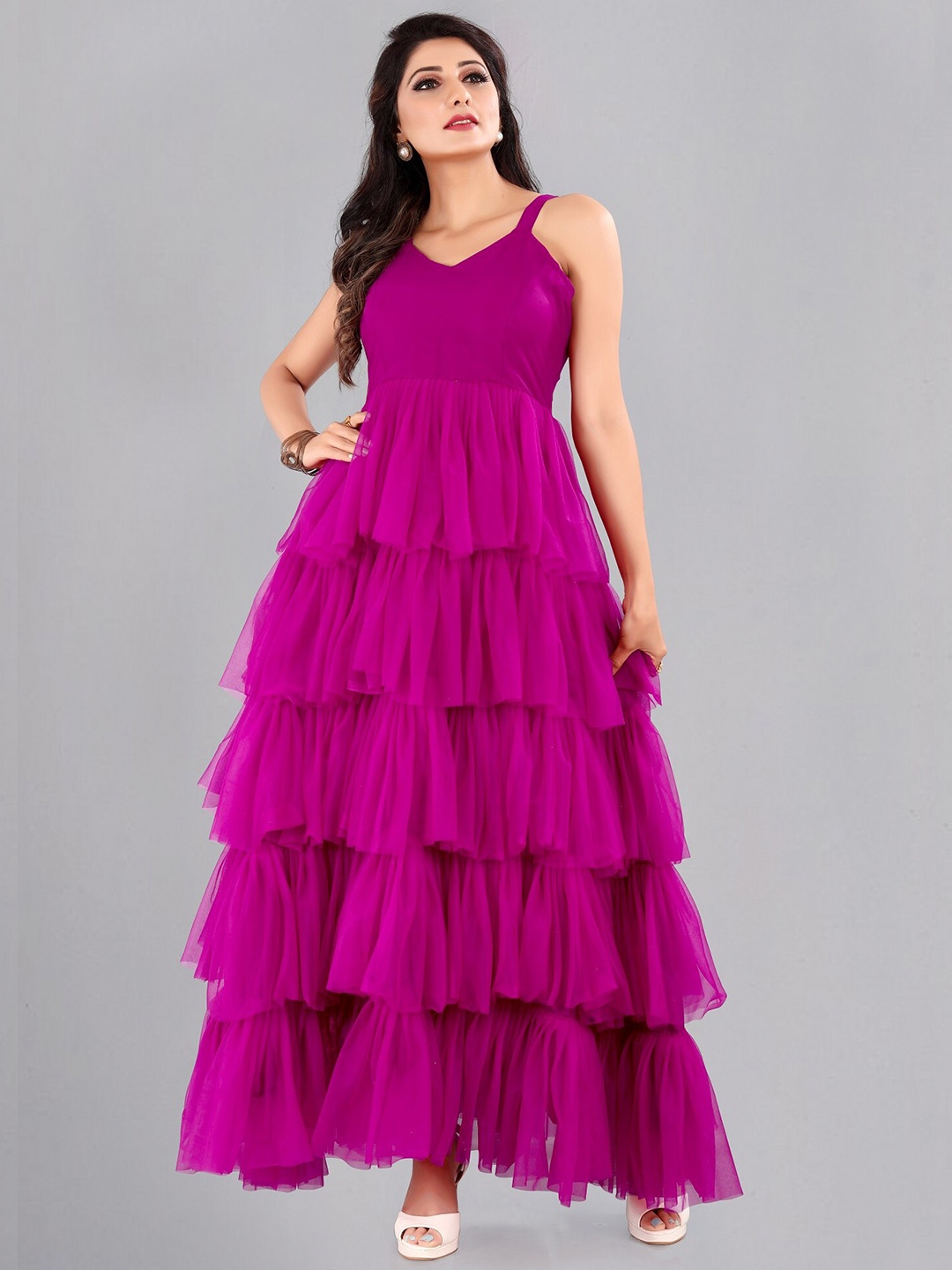

Atsevam Purple Ruffled Net Maxi Dress